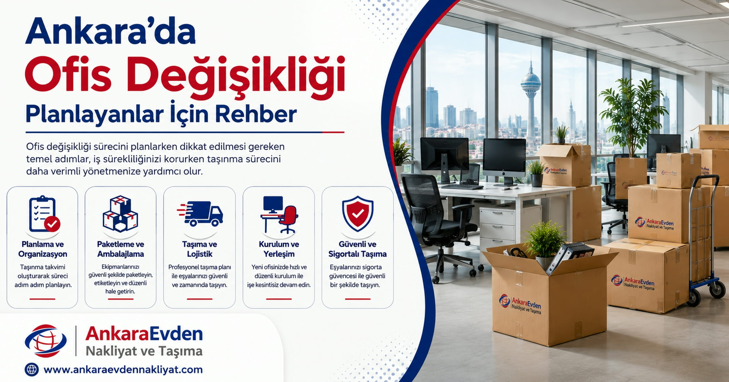 Ankara'da ofis değişikliği planlayanlar için hazırlanan blog görseli, taşınmaya hazırlanan modern bir ofis ve paketlenmiş ofis eşyaları