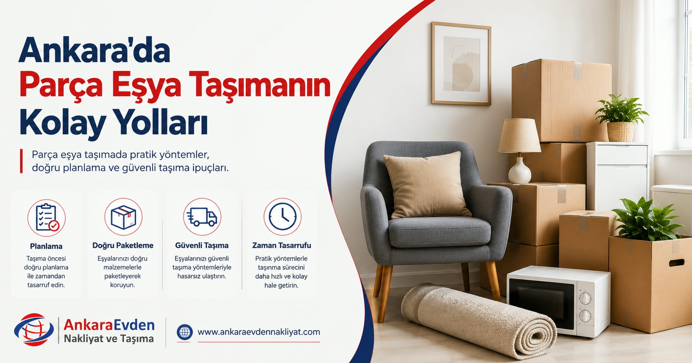 Ankara'da parça eşya taşımanın kolay yollarını anlatan blog görseli, koli ve ev eşyalarıyla hazırlanan taşınma sahnesi